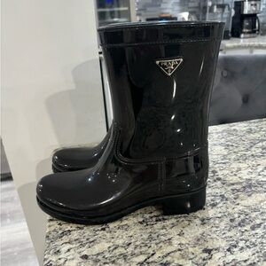 PRADA Black Rain Boots Sport Mid Calf Rubber Waterproof Women’s Size 40/9.5